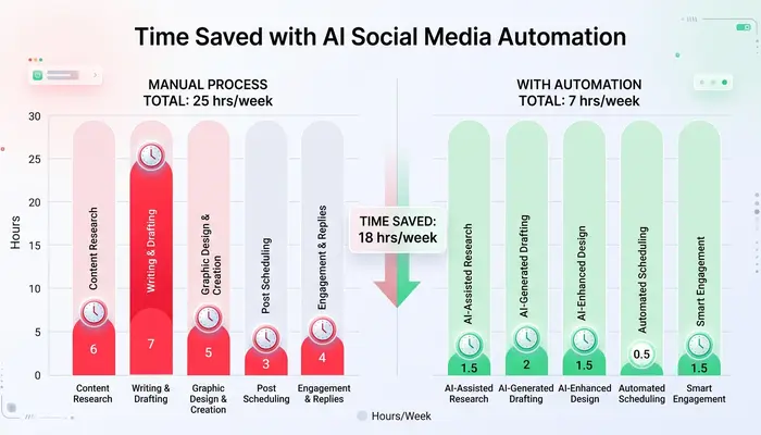 Bar chart comparing 25 hours weekly manual social media management versus 7 hours with AI Tools to Automate showing 18-hour weekly savings