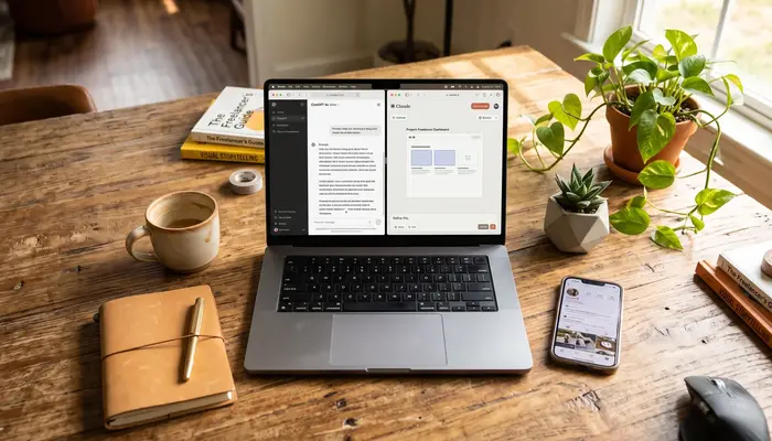 Freelancer workspace using both ChatGPT and Claude AI tools for productive workflow