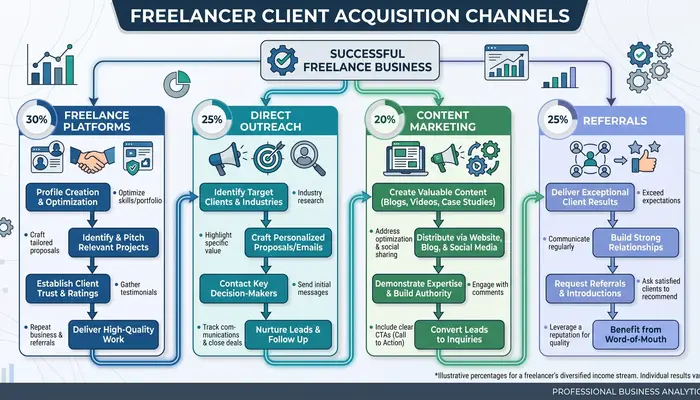 Client acquisition system showing how to start freelancing with multiple marketing channe. Why Freelancers Fail