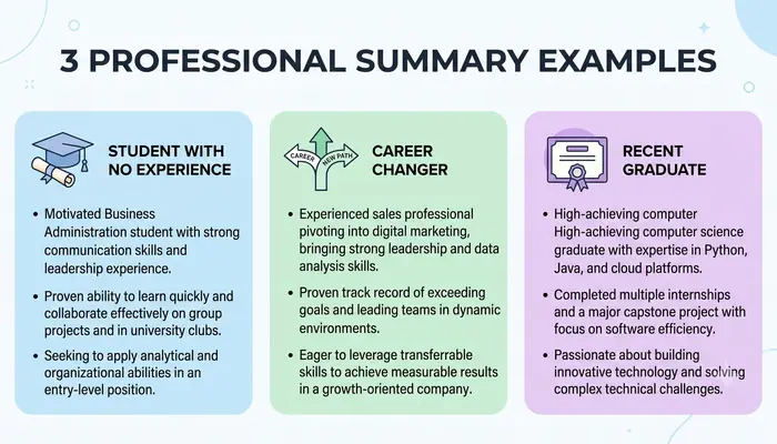 Professional resume summary examples showing about me in resume section with AI-generated content for different career situations