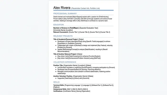 Example resume template for students showing how to type a resume with no work experience using projects and volunteer work