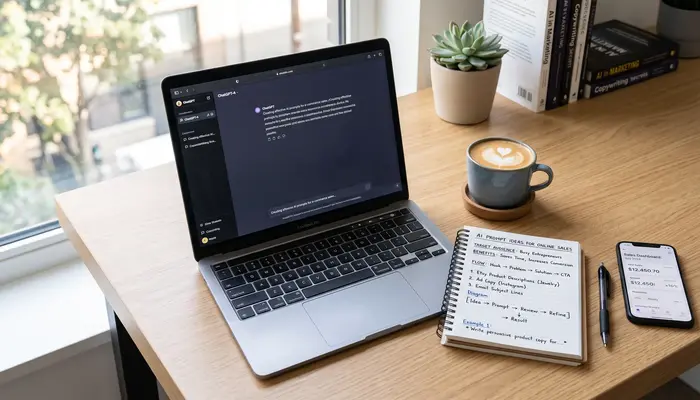 Person creating AI prompts for selling online with laptop and notes