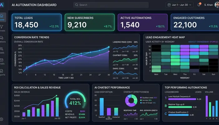 AI automation analytics dashboard showing conversion metrics, lead scoring, and ROI tracking for successful AI automation funnel performance