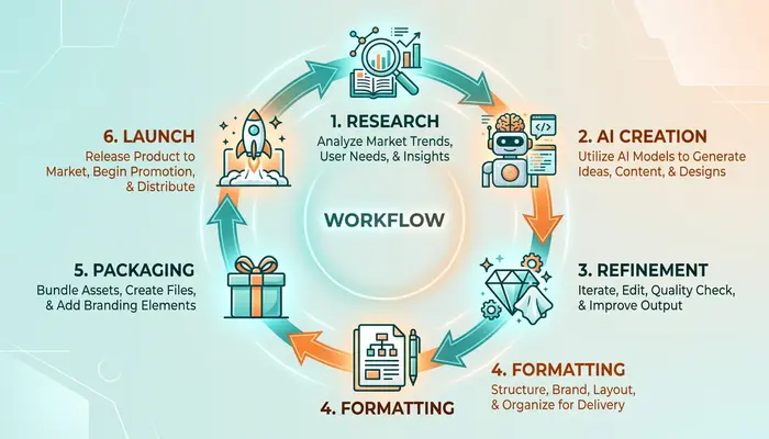 Step-by-step guide showing how to create AI-powered digital products from research to launch
