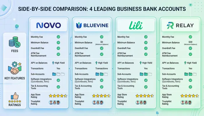 Best bank for LLC business account comparison chart - fees and features