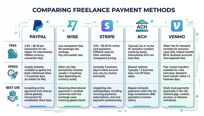 Comparison chart of best payment methods for freelancers in USA showing fees and processing times"
