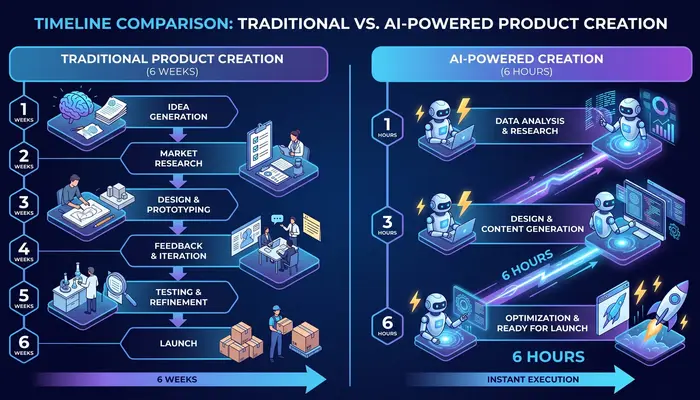 How to create AI-powered digital products faster than traditional methods comparison infographic
