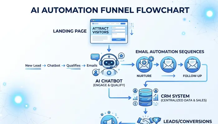 AI automation funnel flowchart showing landing page, AI chatbot, email sequences, and CRM integration - complete guide on how to build AI automation funnel